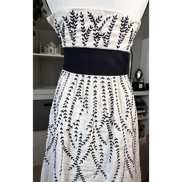 Ann Taylor Womens Dress Strapless White Embroidered Black Waist Linen Fairy - Picture 5 of 10